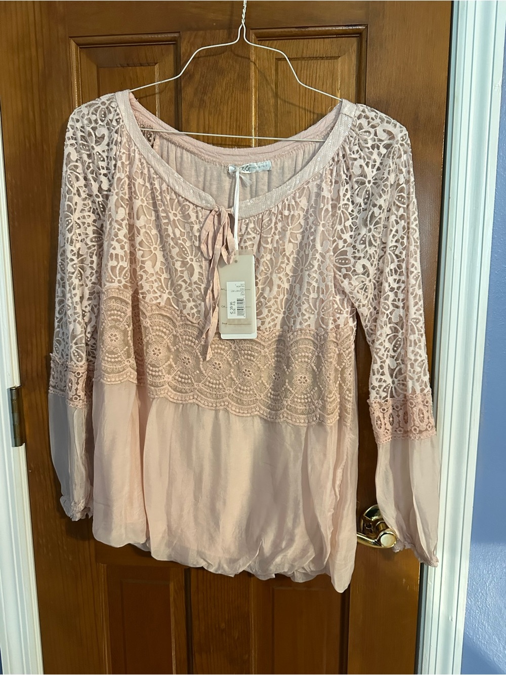 Coldwater Creek Pale Blush Lace Tie-Neck Peasant Top